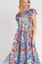 Umgee Full Size Leaf Print Double Layered Ruffle Sleeve Tiered Midi Dress Plus Size OutfitFlow
